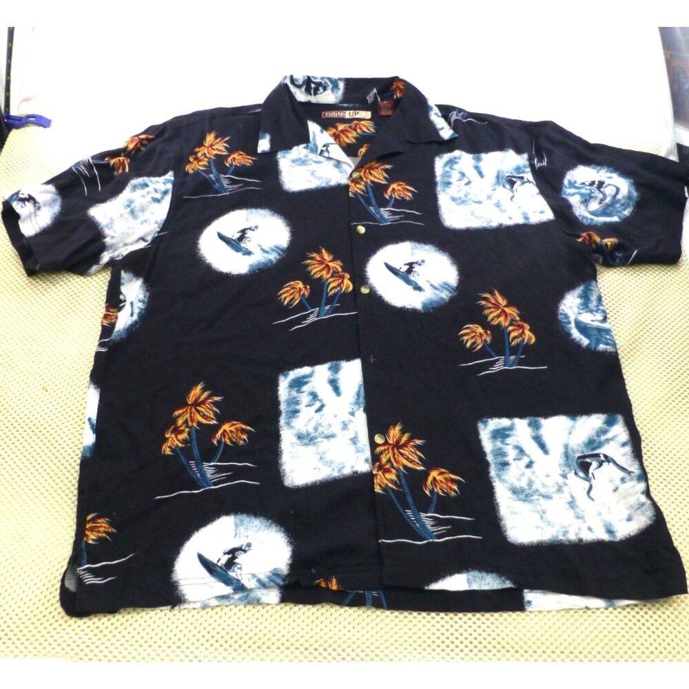 Thums Up Surfer & Palm Tree Hawaiian Shirt XL Black Rayon Button-Down Beachwear